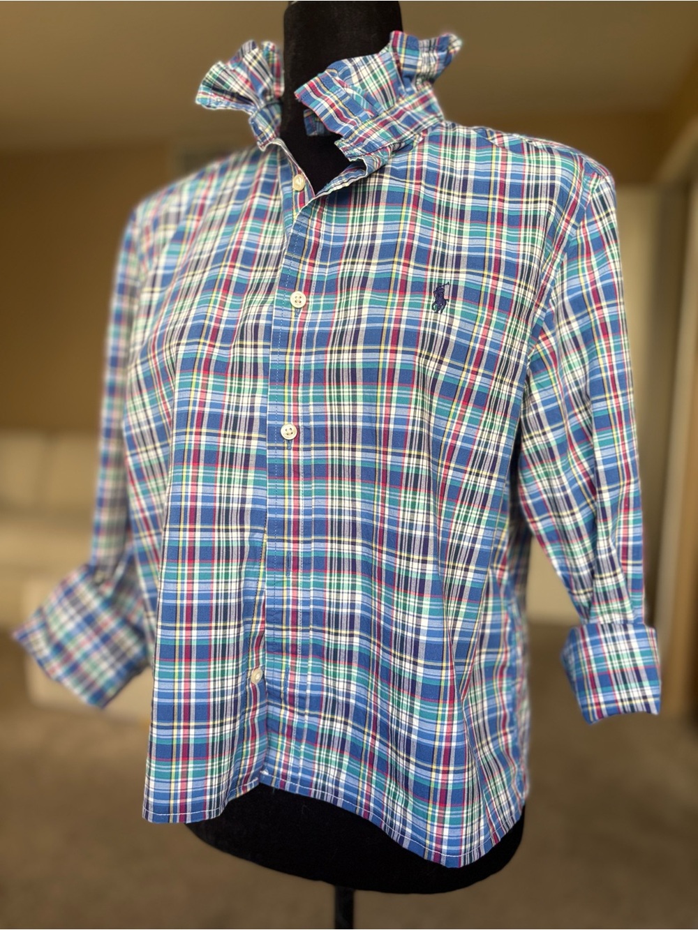 Reworked Ralph Lauren Blue Plaid Button-Down Shirt size XS/S